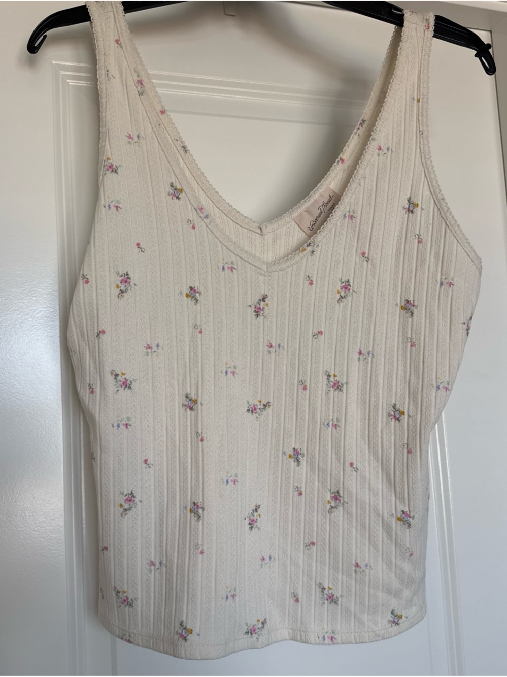 Universal Thread Cream Ribbed V-Neck Tank with Pink & Yellow Floral Print